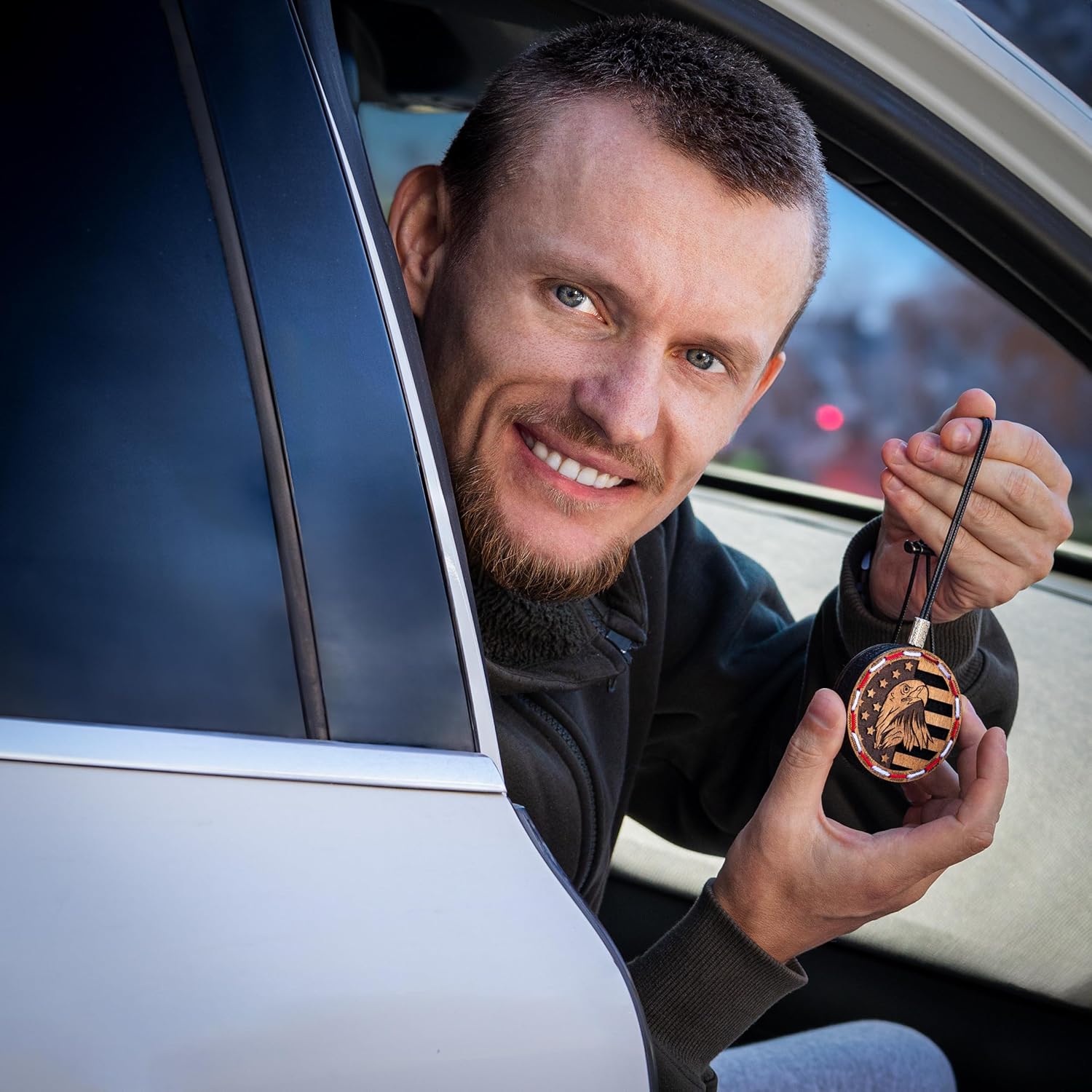 Wood Car Air Freshener - American Flag Design - Handcrafted Fragrance-Free Essential Oil Hanging Diffuser with Felt Pad - Add Your Own Oils - Refillable - Car/Truck/SUV - Cardboard Box