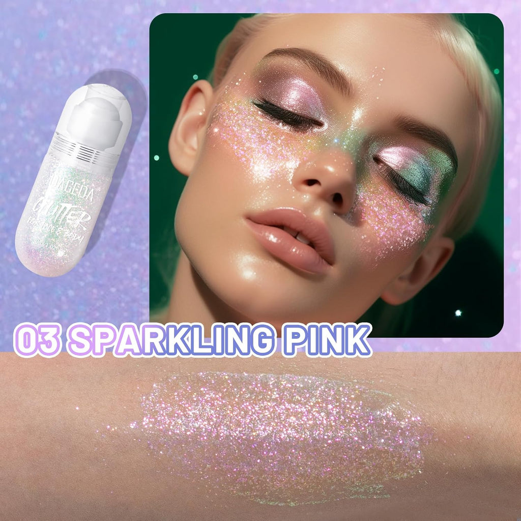 DAGEDA Body Glitter Gel, Roll-on Face Glitter for Mermaid Makeup Festival Rave Accessories, Holographic Hair Glitter Gel,Body Shimmer Halloween Makeup for Rave Party (Sparkling Pink)