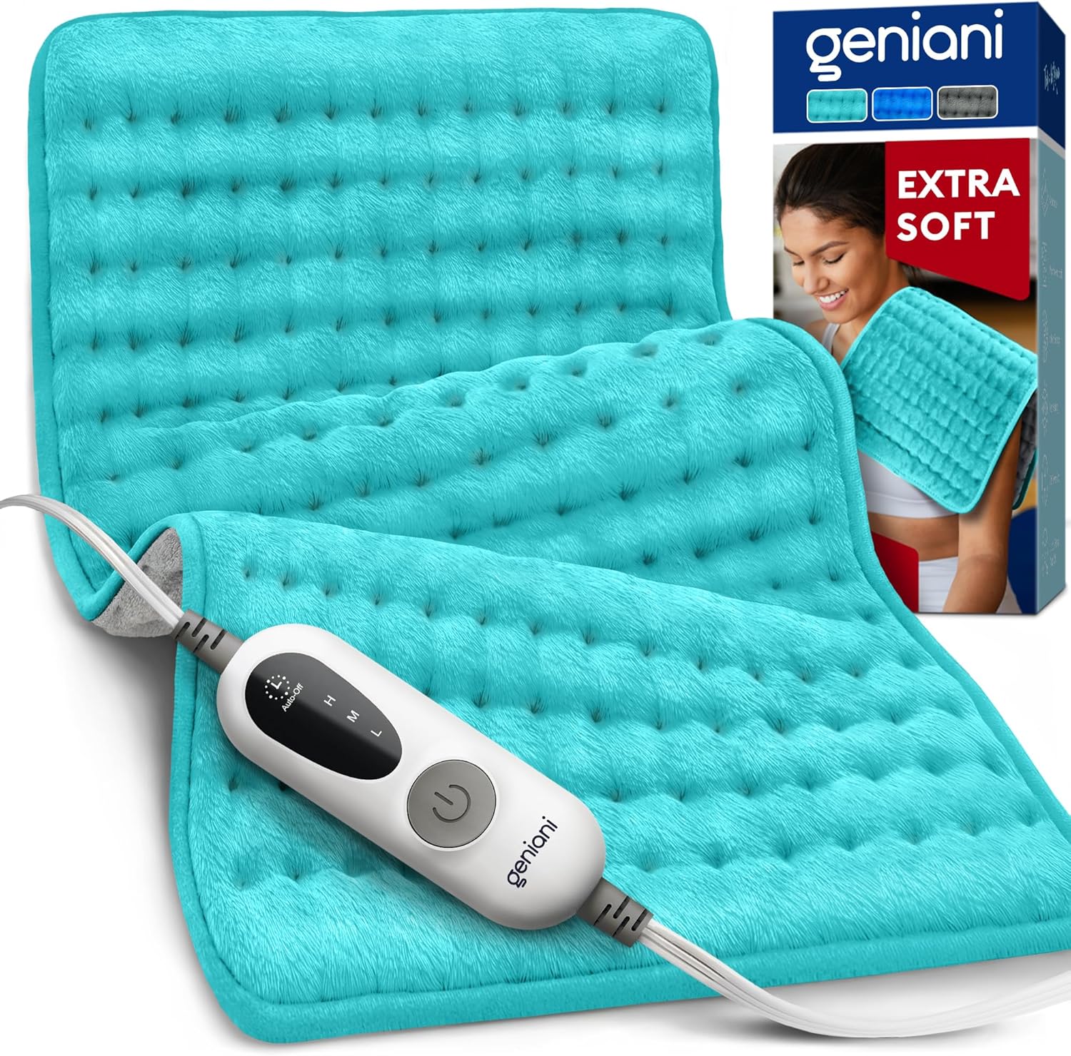 GENIANI Electric Throw - Double Sided XL Heating Pad Electric for Lower Back Pain & Period Cramps Relief, Heat Pad with 3 Heat Settings for Neck & Shoulders, Heat Patches (12"x24" Viridian Green)