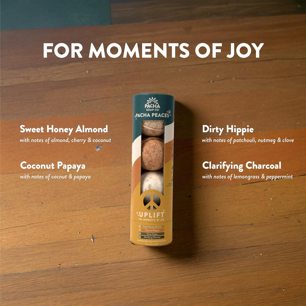 PACHA SOAP Co. Froth Bath Bomb, Pacha Peaces, Uplift, 2-Pack (8-Pieces) - Scents of Almond, Coconut, and Patchouli, & Lemongrass - Nourishing, Moisturizing, Naturally Derived & Handcrafted in The USA