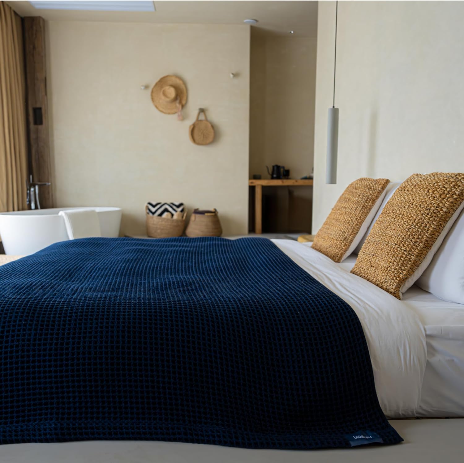 Luxury Japanese Cotton Waffle Towelket Blanket for All Sleepers | Soft, Breathable and Thermoregulating (Ocean Blue, 67''x91'')