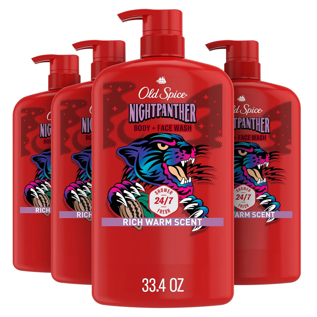 Old Spice Cleansing Body Wash for Men, 3X Defense, 24/7 Shower Fresh with Lasting Scent, 2-in-1 Body & Face Wash, NightPanther with Rich Warm Scent, 33.4 (Pack of 4)