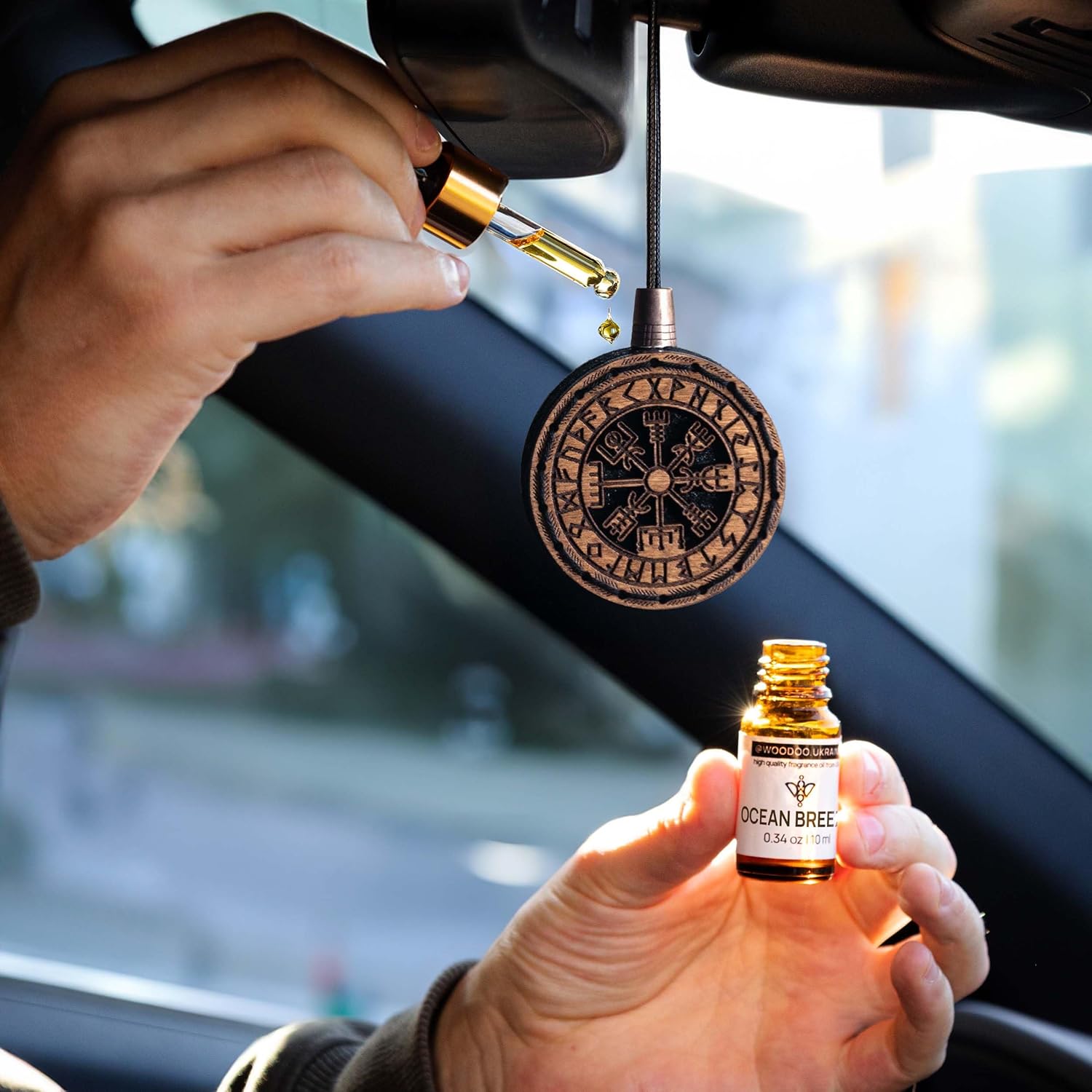 Wood Car Air Freshener — Handmade Car Air Freshener — Vegvisir Designed Fragrance Oil Diffuser in Wooden Gift Box — Aromatherapy Gift Set with Ocean Breeze Fragrance Oil - 10 ml