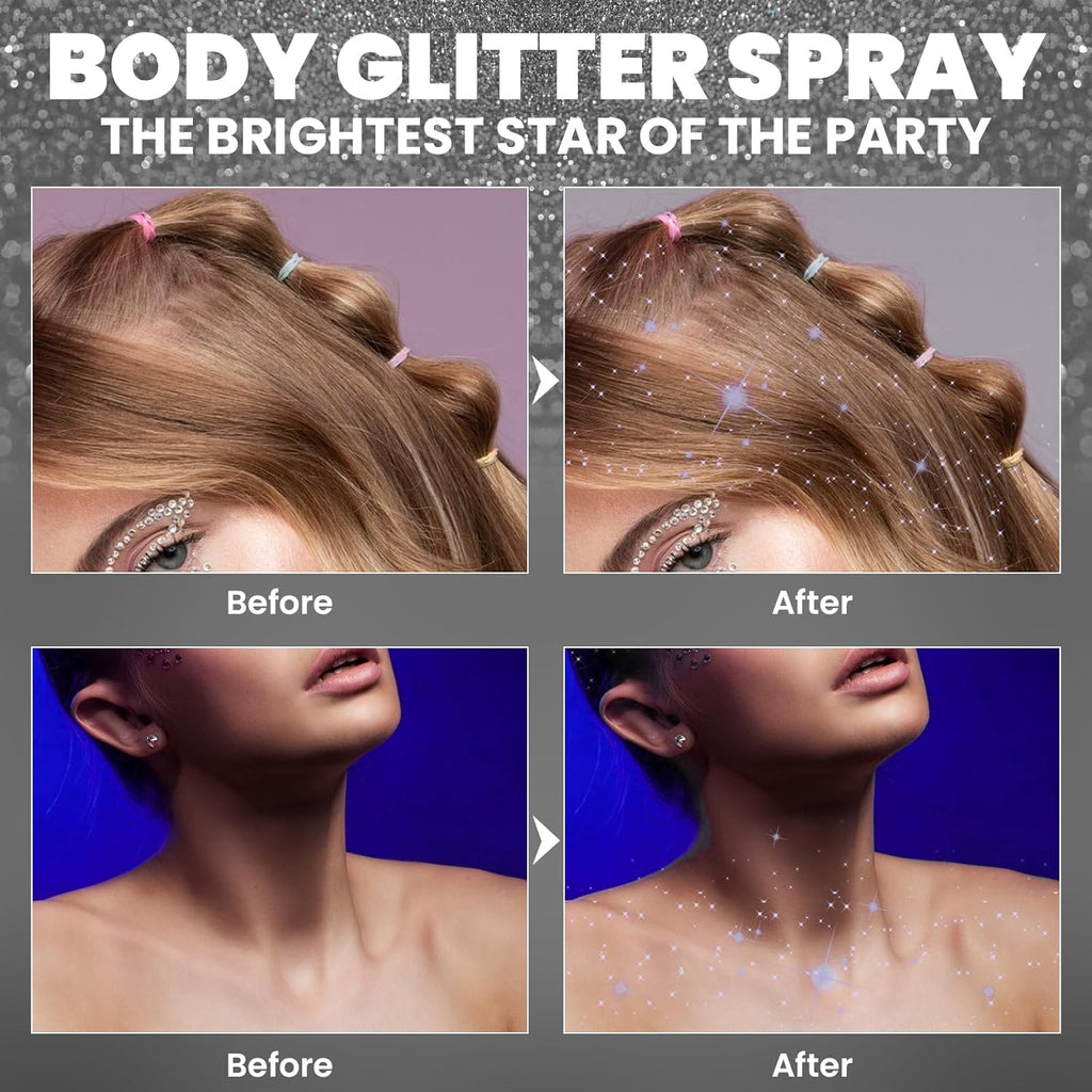Glitter Spray for Hair and Body, Silver Body Glitter Spray, Quick-Drying and Waterproof Glitter Hairspray, Nozzles are not Easily clogged, Long-Lasting for Stage Makeup, 3.38 oz