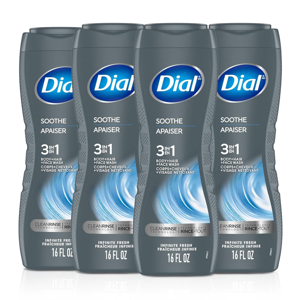 Dial Men 3 in 1 Body, Hair and Face Wash, Soothe, 16 Fl Oz, Pack of 4, Infinite Fresh Scent, Cleanses Deep + Gentle on Skin with Clean Rinse Technology