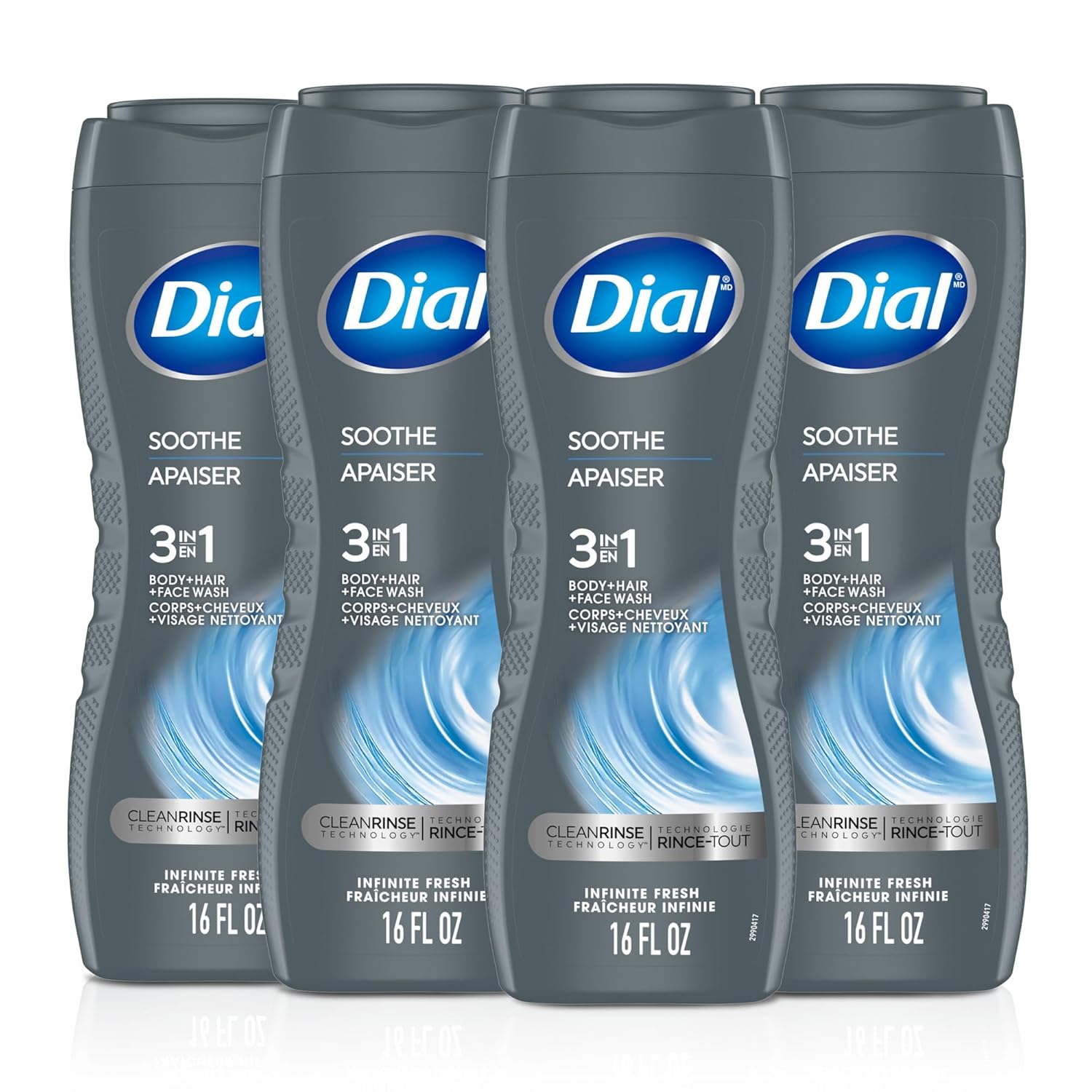 Dial Men 3 in 1 Body, Hair and Face Wash, Soothe, 16 Fl Oz, Pack of 4, Infinite Fresh Scent, Cleanses Deep + Gentle on Skin with Clean Rinse Technology