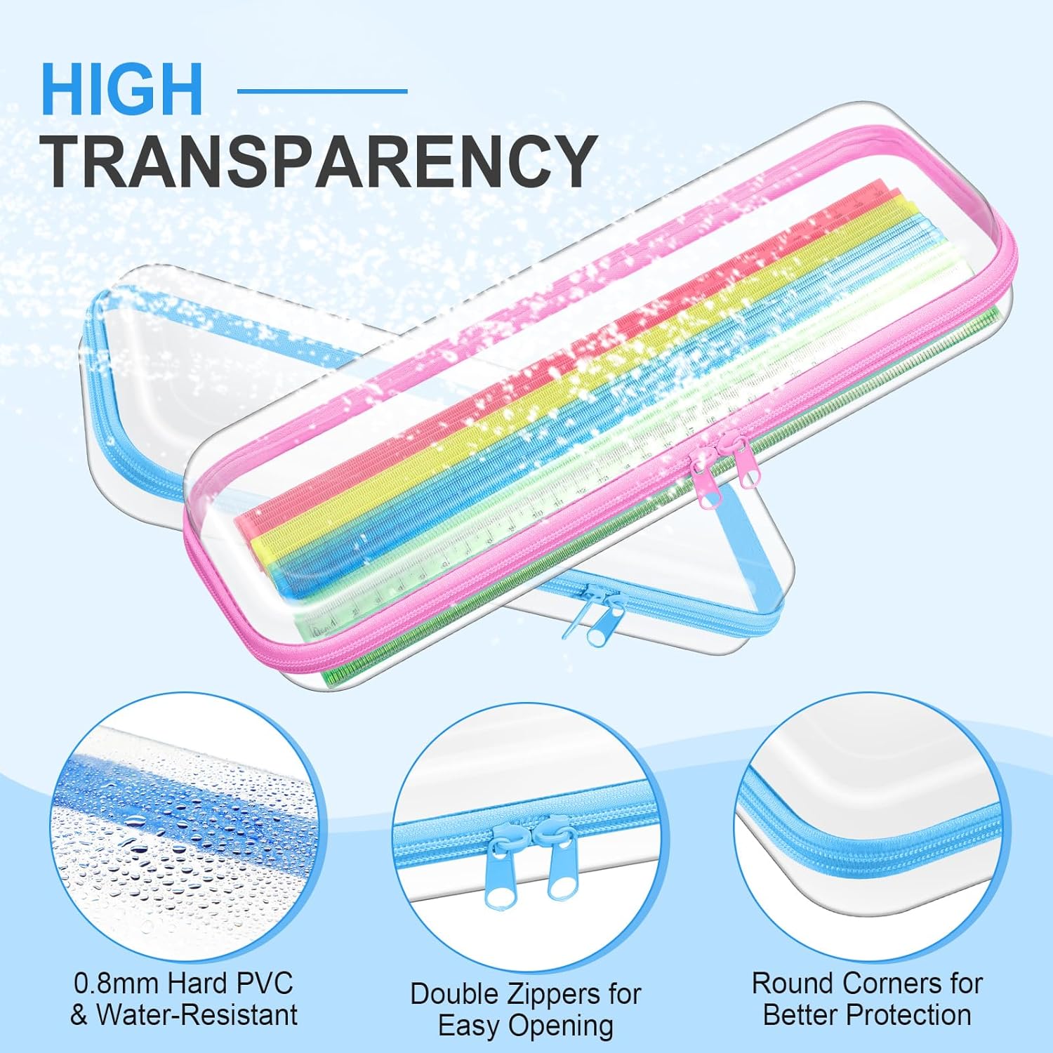 Hoolerry 4 Pcs Hard Clear Zipper Case Makeup Bags Plastic Pencil Pouch Transparent Storage Box Containers for Cosmetics, Snacks, Building Blocks, Puzzles(Pastel,13.2 x 4.7 x 2.4 in)