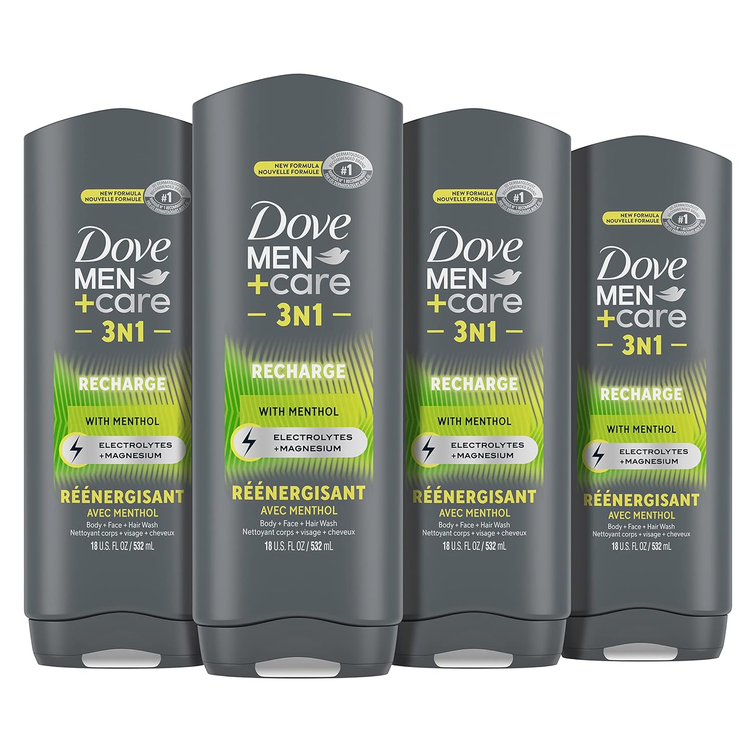 DOVE MEN + CARE Post-Workout Body Wash 3N1 Recharge 4 Count For Men With Menthol, 18 oz
