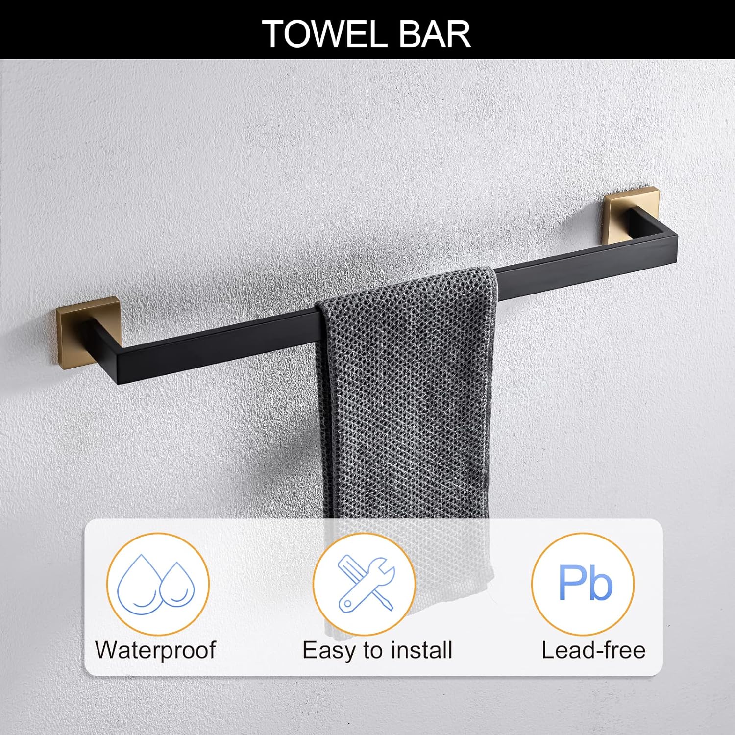 TNOMS 5 Pieces Bathroom Hardware Accessories Set Black and Gold Towel Bar Set,Wall Mounted Stainless Steel,23.6 Inch