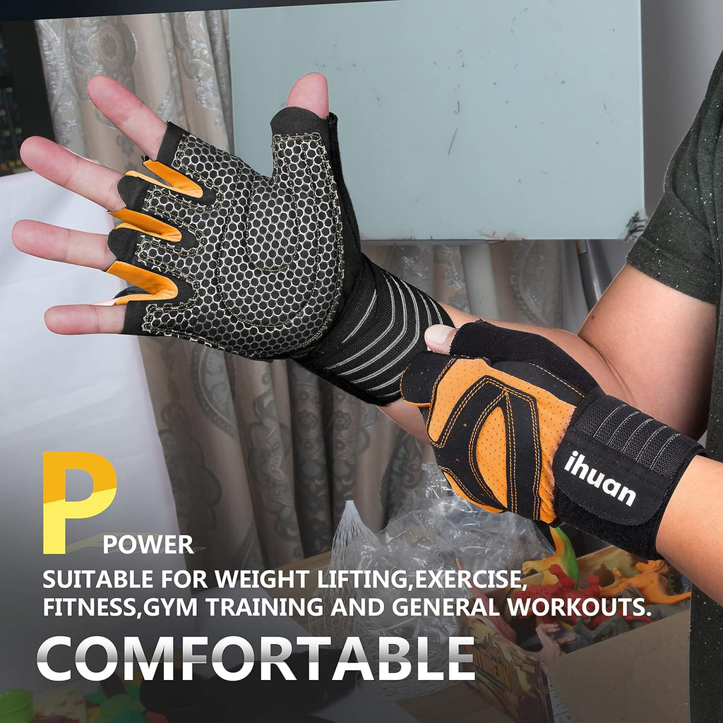 ihuan Ventilated Weight Lifting Gym Workout Gloves with Wrist Wrap Support for Men & Women, Full Palm Protection, for Weightlifting, Training, Fitness, Hanging, Pull ups