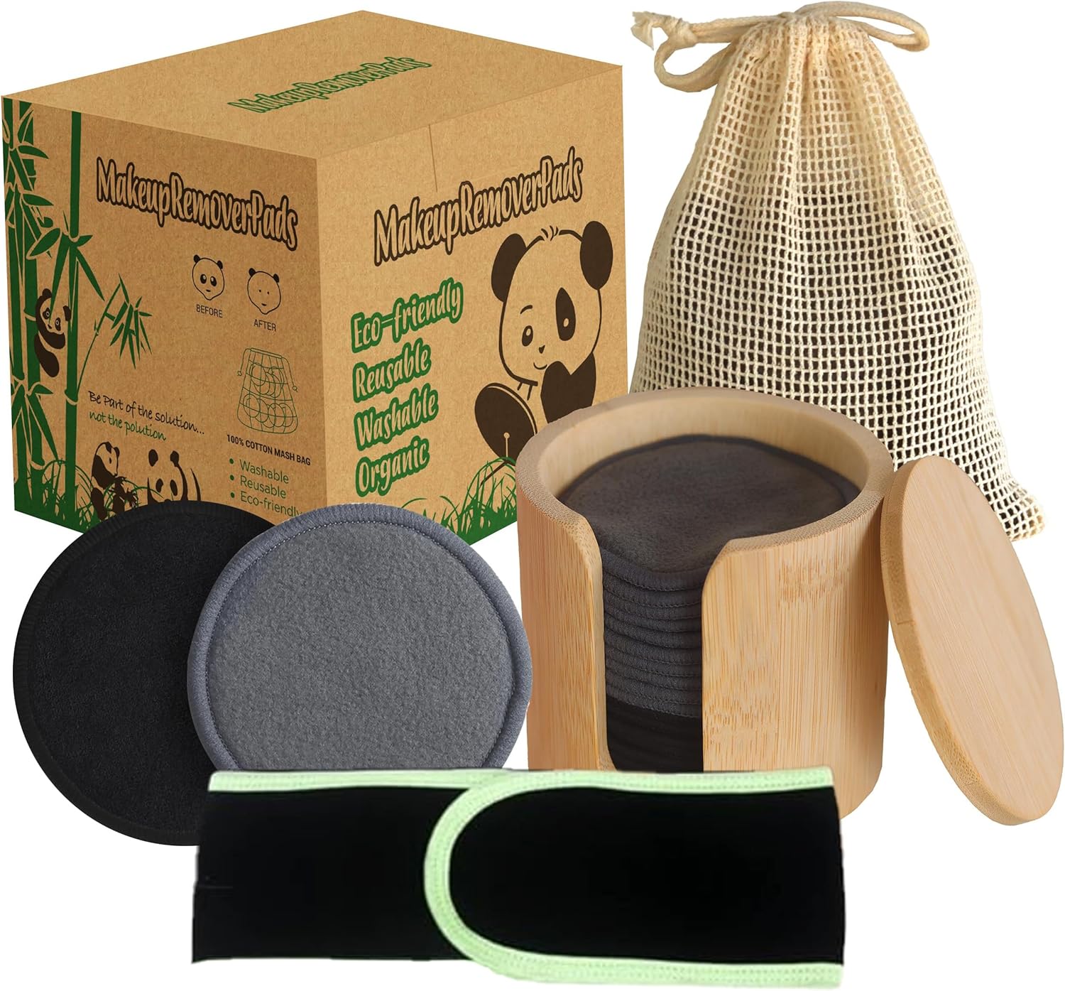 Reusable Bamboo Makeup Remover Pads | 20Pcs Natural Bamboo Reusable Cotton Rounds Makeup Removal Pad| Soft Makeup Remover Set with Bamboo Holder Laundry Bag Headband, Black and Gray