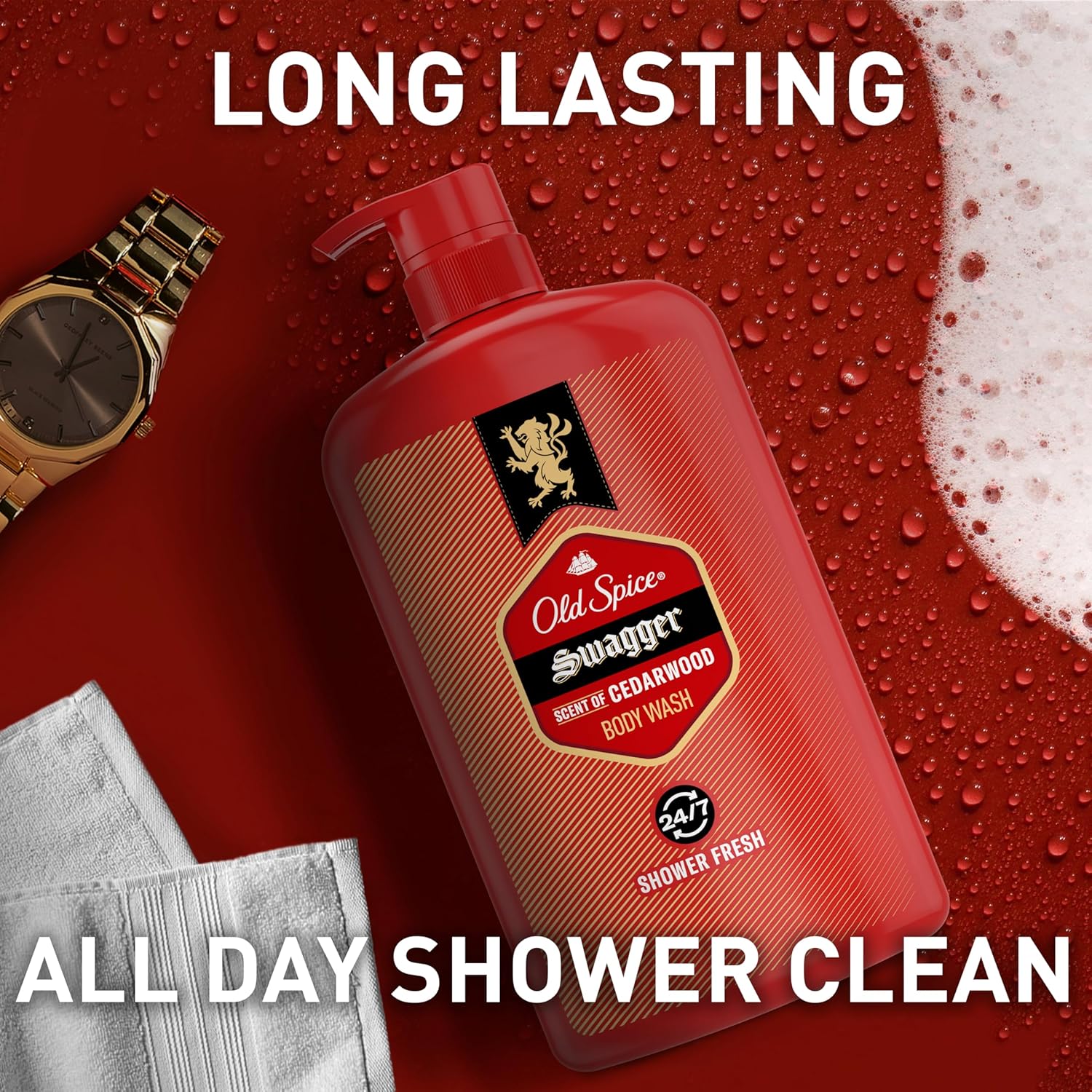 Old Spice Body Wash for Men, Refreshing 3X Defense, 24/7 Shower Fresh with Long Lasting Scent, Red Collection, Swagger with Cedarwood Scent, 33.4 oz (Pack of 4)
