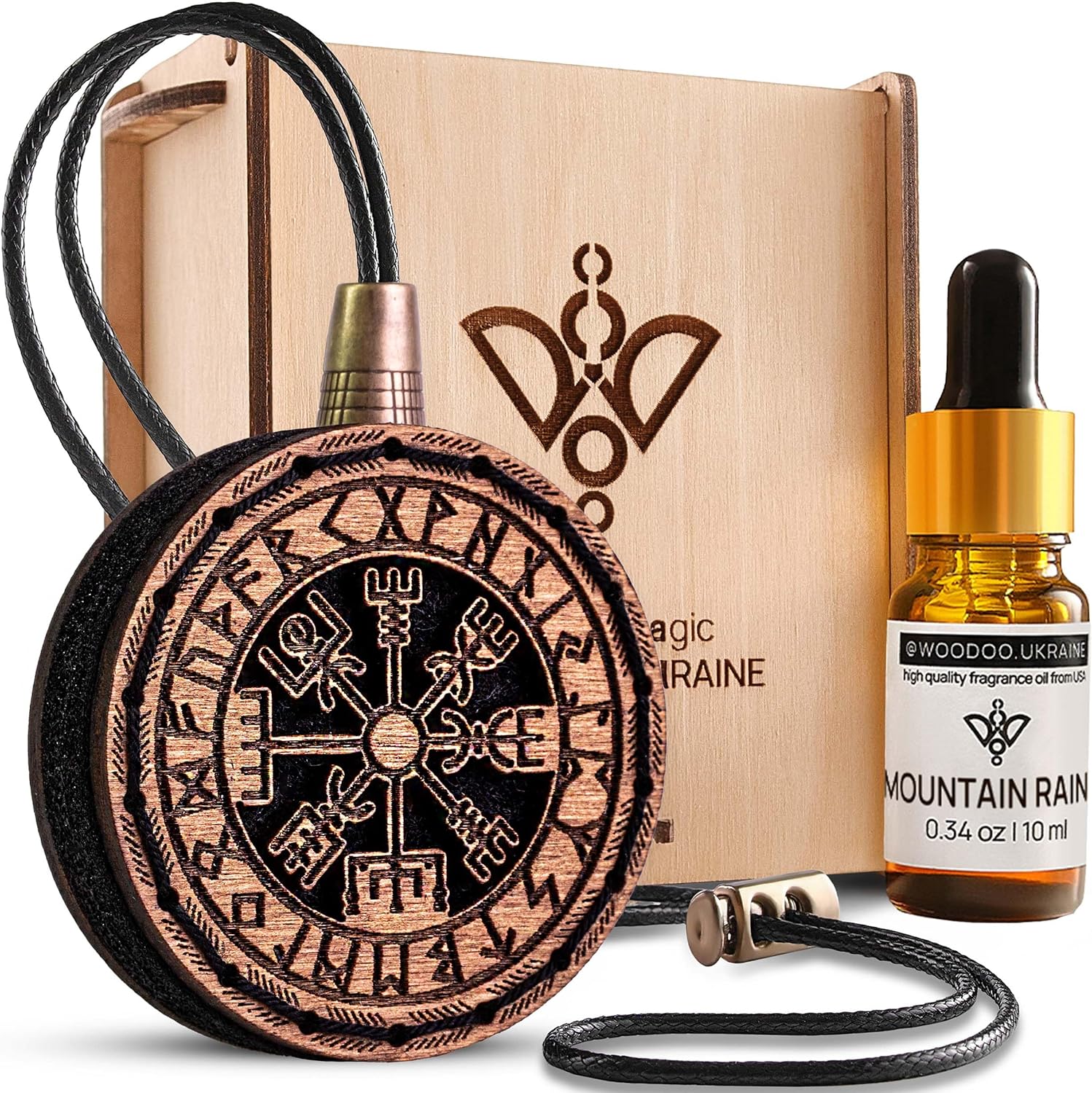 Wood Car Air Freshener — Handmade Car Air Freshener — Vegvisir Designed Fragrance Oil Diffuser in Wooden Gift Box — Aromatherapy Gift Set with Mountain Rain Fragrance Oil - 10 ml