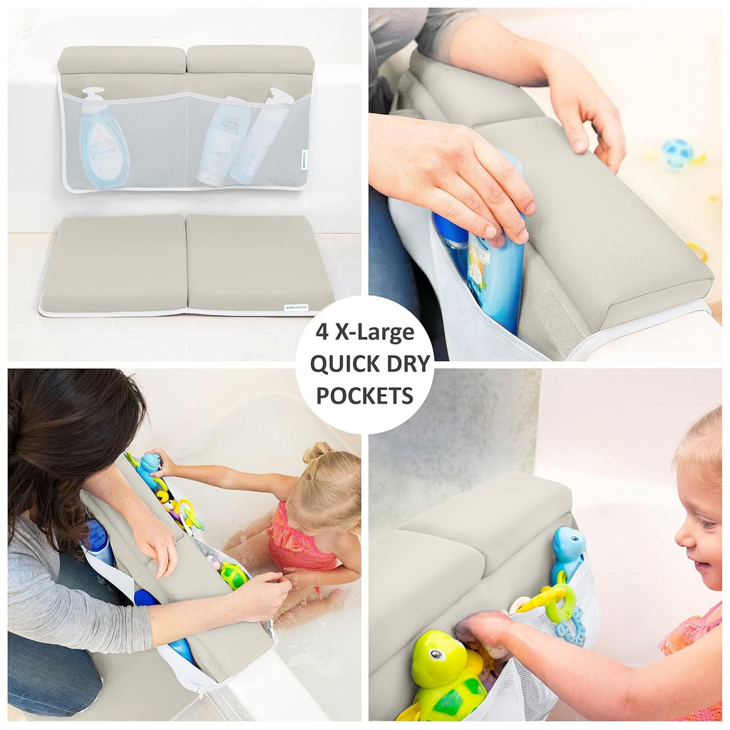 Bath Kneeler with Elbow Rest Pad Set, 1.75 inch Thick Kneeling Pad and Elbow Support for Knee Arm Support, Large Bathtub Kneeling Mat with Toy Organizer for Happy Baby Bathing Time, Beige