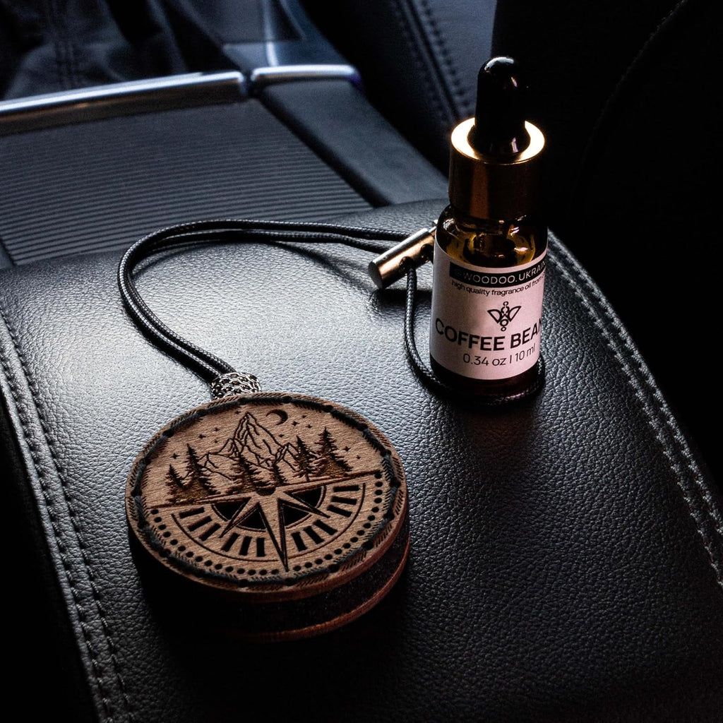 Wood Car Air Freshener — Handmade Car Air Freshener — Compass Mountains Designed Fragrance Oil Diffuser in Wooden Gift Box — Aromatherapy Set with Mountain Rain Fragrance Oil - 10 ml