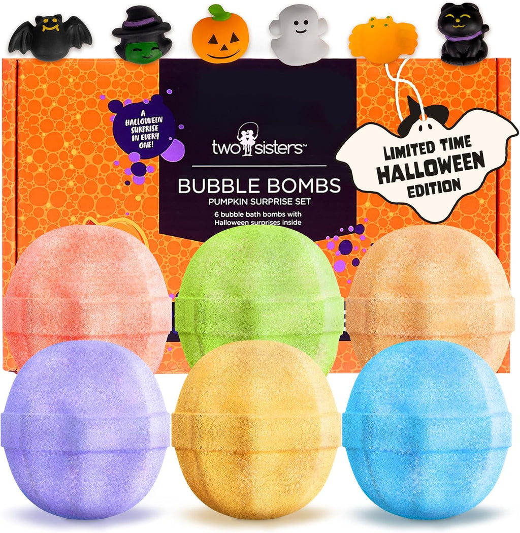 Halloween Bath Bombs for Kids with Surprise Halloween Toys Inside (6 Pack) - Large Pumpkin Bath Bombs for Kids, Boys, Girls & Teens – Spooky Boo Basket Stuffers for Kids - Made in USA by Two Sisters