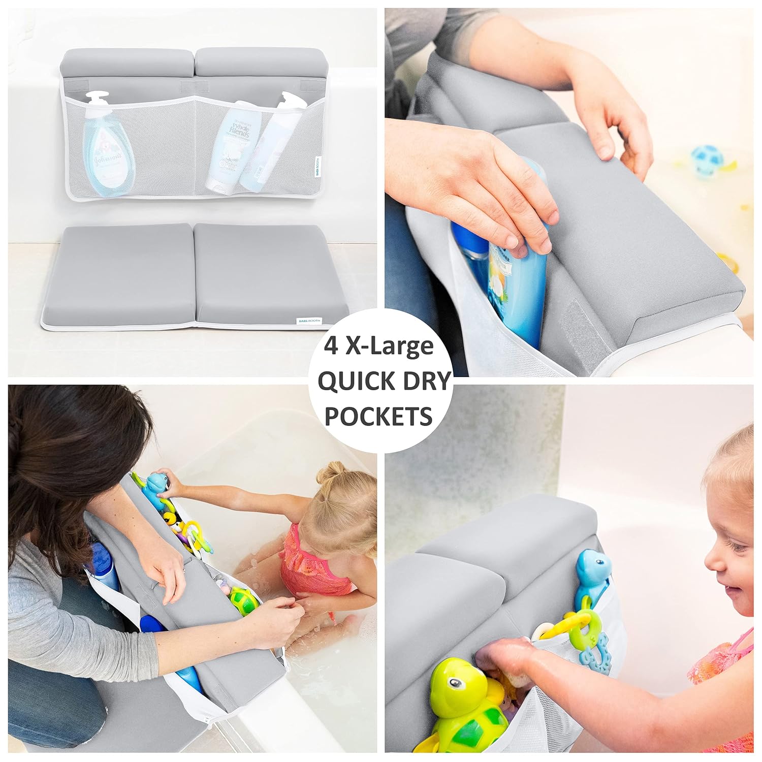 Bath Kneeler and Elbow Rest Pad, 1.75 inch Extra Thick Baby Bath Kneeling Pad and Elbow Pad for Bathtub. Bath Tub Elbow Pad with Infant Toy and Baby Accessories Organizer, Grey