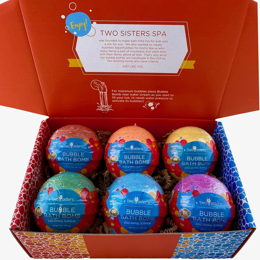 Zoo Animal Bath Bombs for Kids with Surprise Toys Inside (6 Pack) - Gentle and Safe, USA Made, Large Bubble Bomb & Ideal Gift for Boys & Girls by Two Sisters