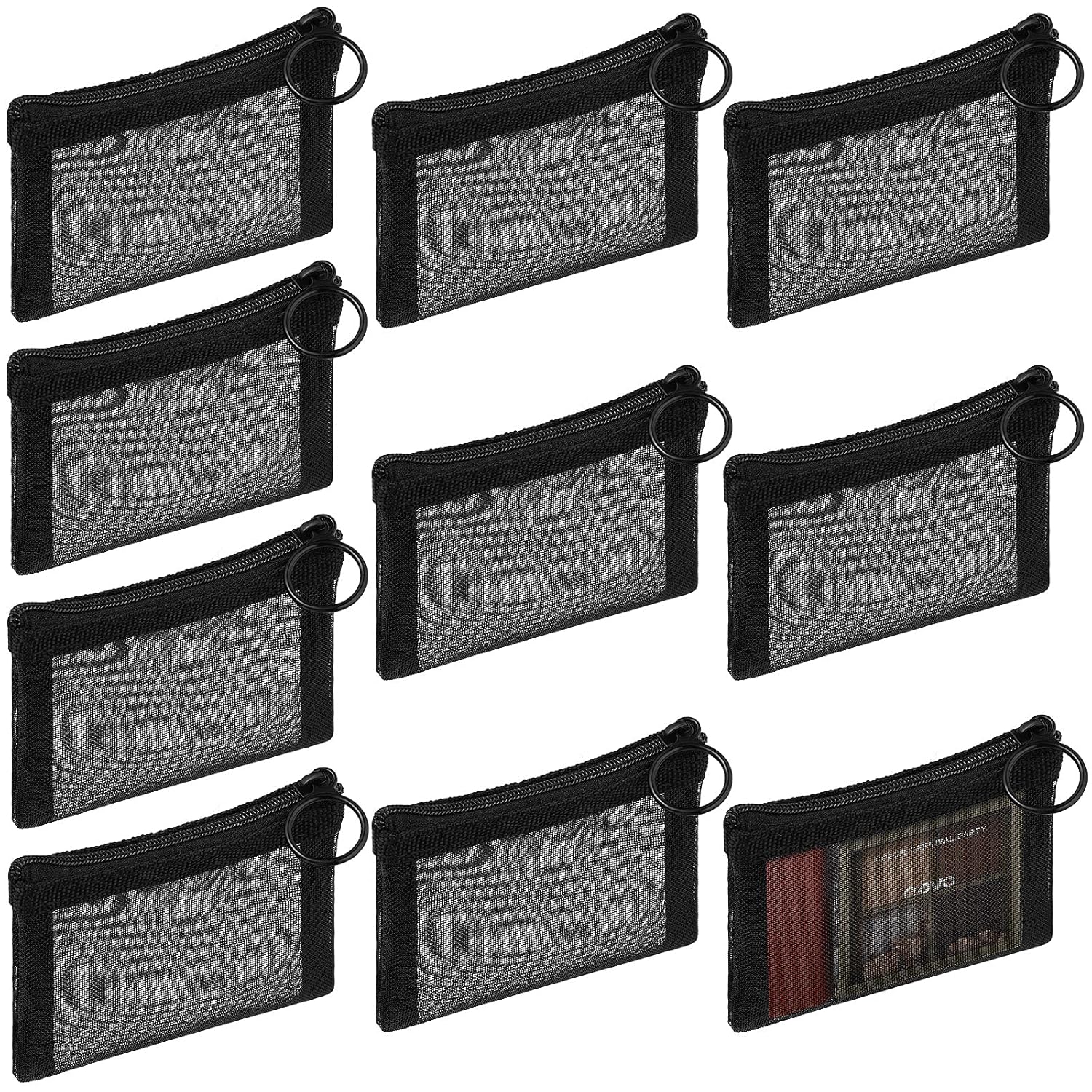 Frienda 10 Pcs Small Mesh Bags with Zipper Mini Zipper Mesh Bags Nylon Cosmetic Coin Purse Pouches Portable Reusable Storage Pouch with Keychain for Women Home Travel(3 x 4 Inch,Black)