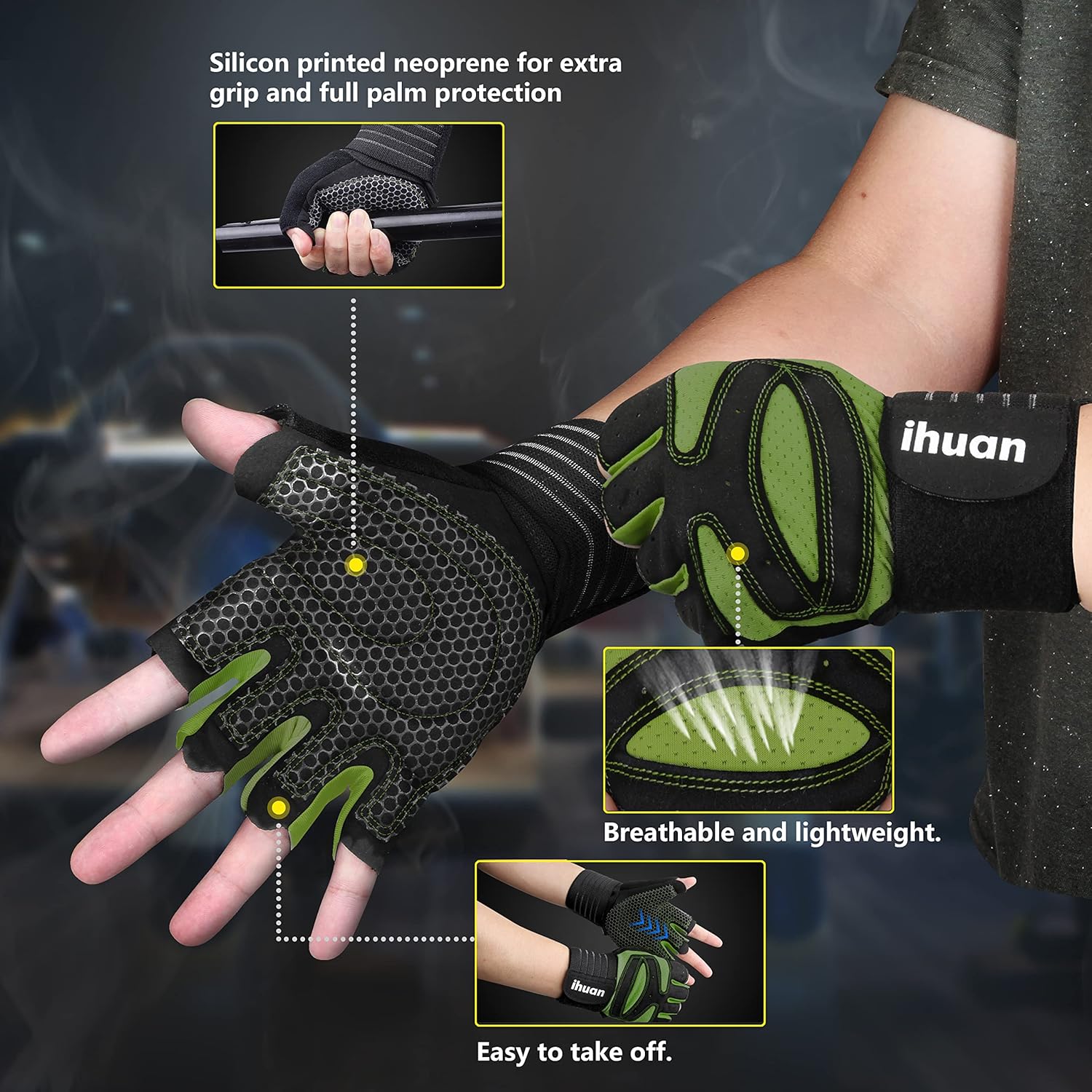 ihuan Ventilated Weight Lifting Gym Workout Gloves with Wrist Wrap Support for Men & Women, Full Palm Protection, for Weightlifting, Training, Fitness, Hanging, Pull ups