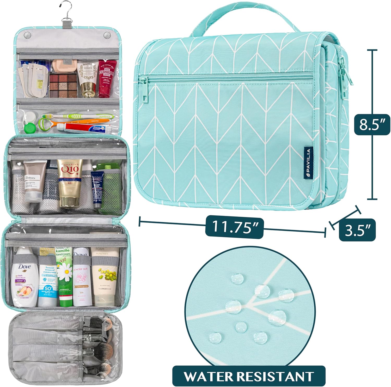 PAVILIA Hanging Toiletry Bag Women Men, Foldable Cosmetic Organizer Travel Bag, Water Resistant Makeup Bag Toiletries, Large Travel Essentials Kit (Teal Chevron)