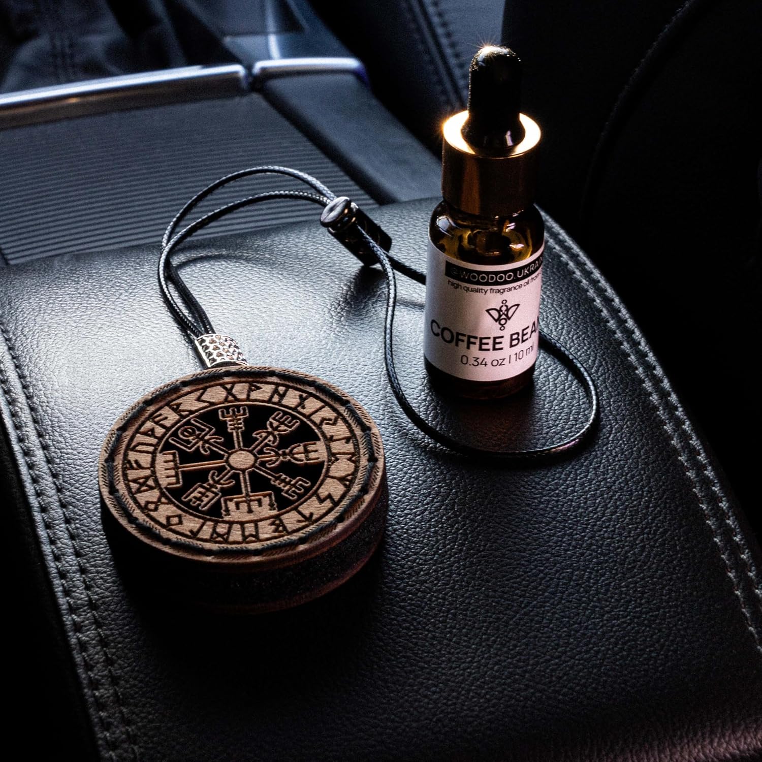 Wood Car Air Freshener — Handmade Car Air Freshener — Vegvisir Designed Fragrance Oil Diffuser in Wooden Gift Box — Aromatherapy Gift Set with Mountain Rain Fragrance Oil - 10 ml