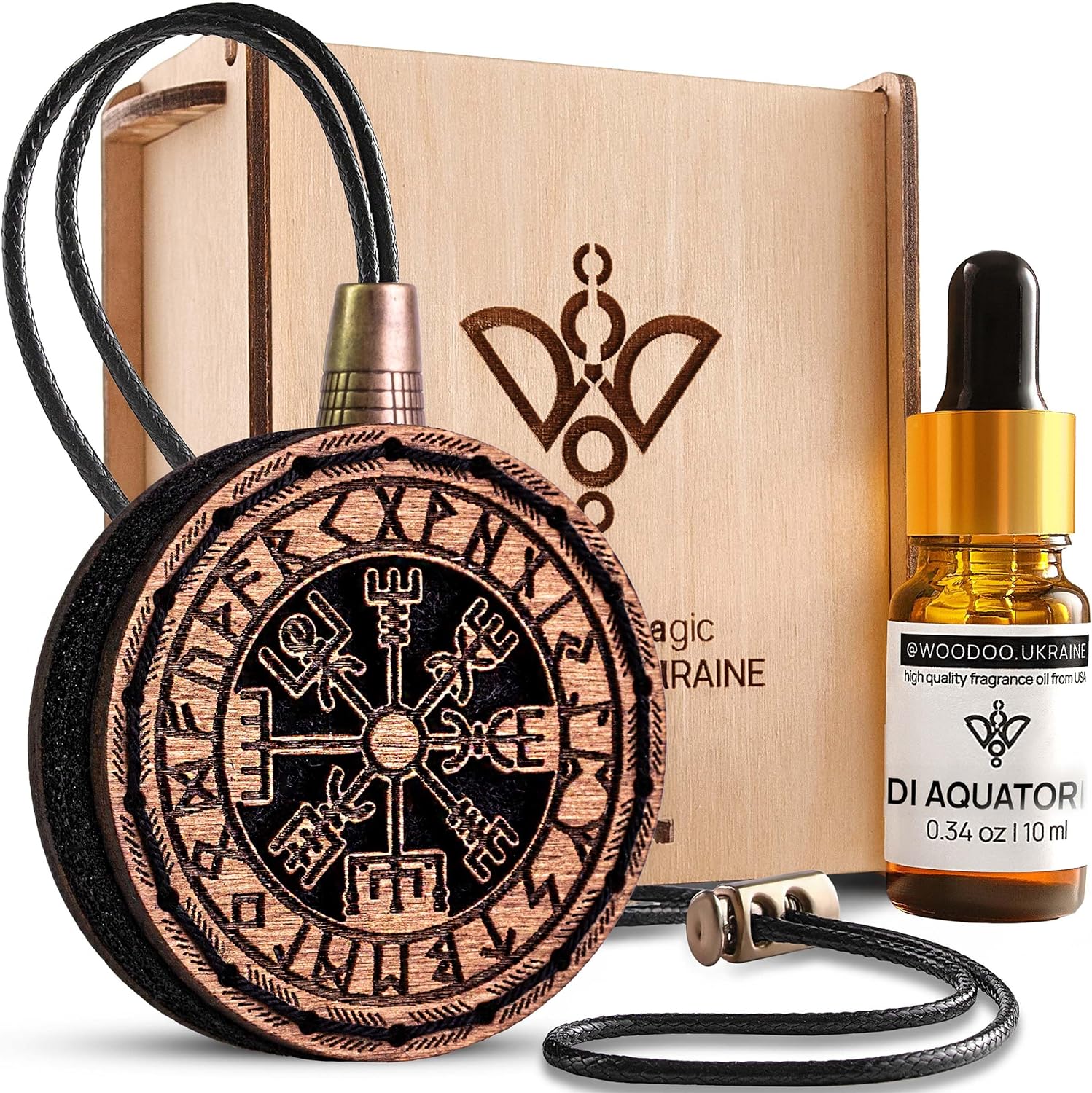 Wood Car Air Freshener — Handmade Car Air Freshener — Vegvisir Designed Fragrance Oil Diffuser in Wooden Gift Box — Aromatherapy Gift Set with diAquatoria Fragrance Oil - 10 ml