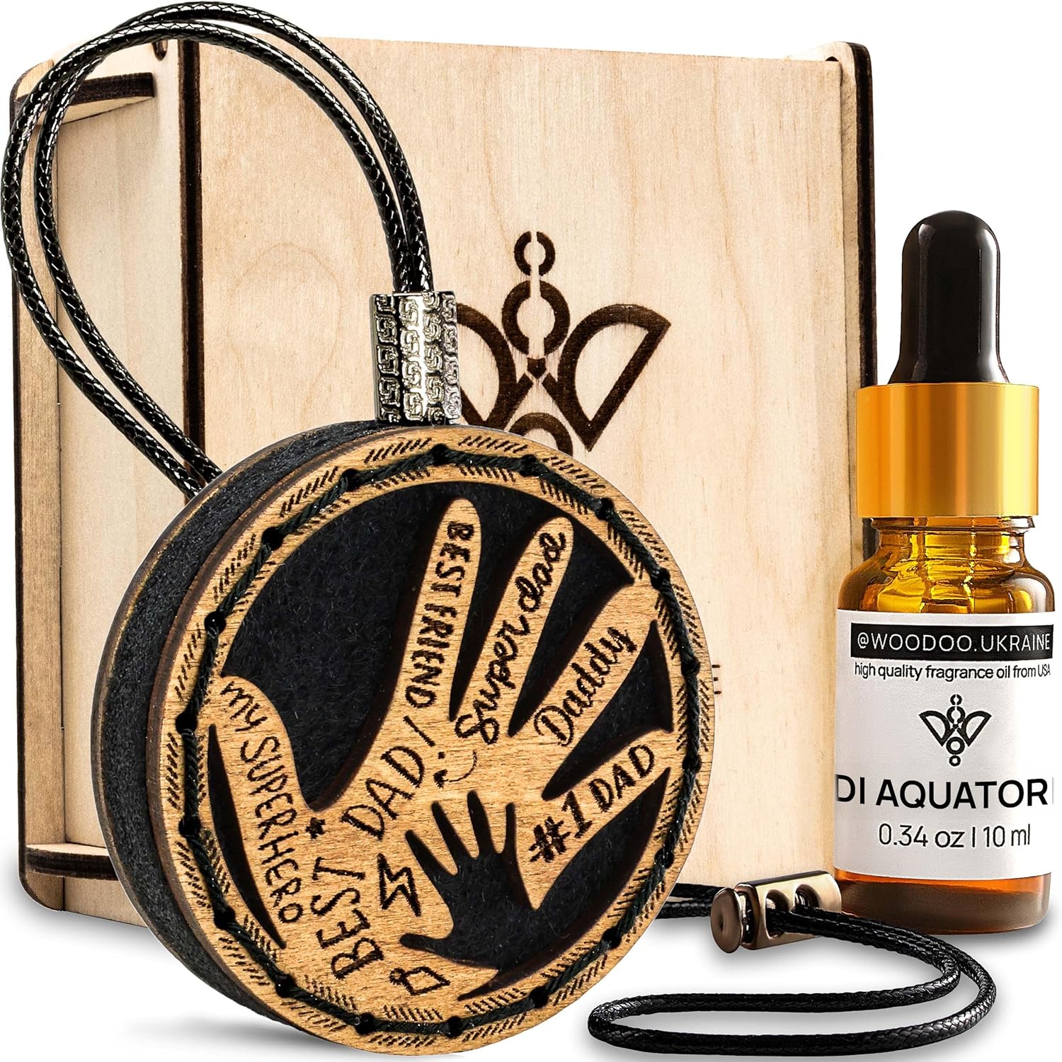 Wood Car Air Freshener — Handcrafted Air Freshener — Father’s Hands Fragrance Oil Diffuser in Wooden Gift Box — Father’s Day Gift Set for Car with diAquatoria Fragrance Oil - 10 ml
